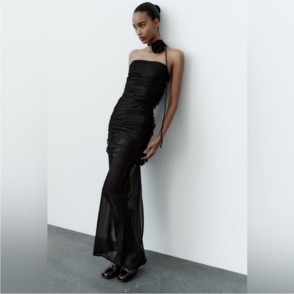 Zara Black Rosette Floral Strapless Maxi Dress